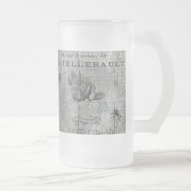 Chic Parisian Print Script, Rose, Bees Frosted Glass Beer Mug (Right)