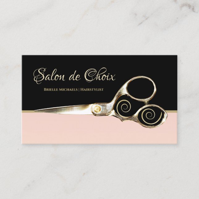 Chic Parisian Salon Pale Pink Black and Scissors Business Card (Front)