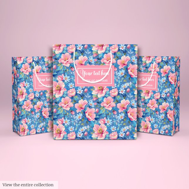 Chic pastel blue and blush pink preppy floral medium gift bag (Chic pastel blue and blush pink preppy floral Medium Gift Bag)