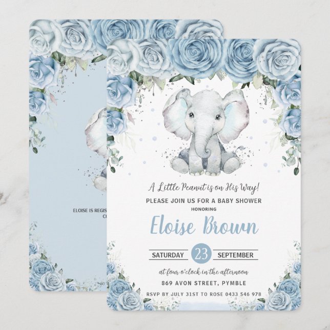 Chic Pastel Blue Floral Elephant Boy Baby Shower  Invitation (Front/Back)