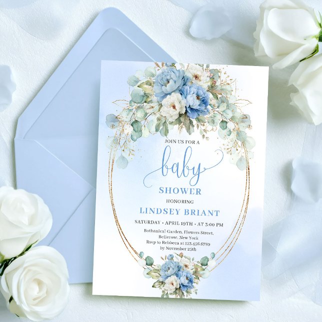 Chic Pastel Blue Peony Eucalyptus Gold Baby Shower Invitation (Chic Pastel Blue Peony Eucalyptus Baby Shower Invitation)