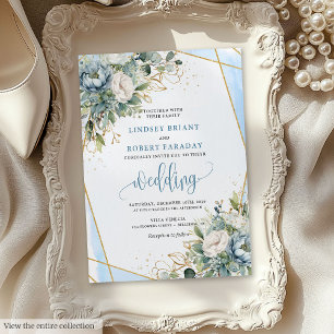 Chic Pastel Blue Sage Gold Floral Wedding Invites