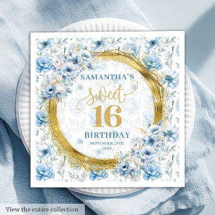 Chic Pastel Blue Sweet 16 Napkin with Gold Sparkle