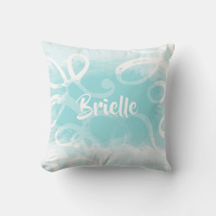 Chic Pastel Blue Watercolor Swirls With Name Cushion