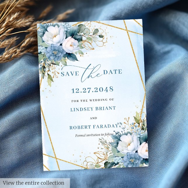 Chic Pastel Blue White Gold Floral Save The Date Invitation (Chic Pastel Blue White Gold Floral Save The Date)