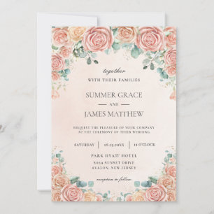 Chic Pastel Blush Peach Floral Roses Wedding Invi Invitation