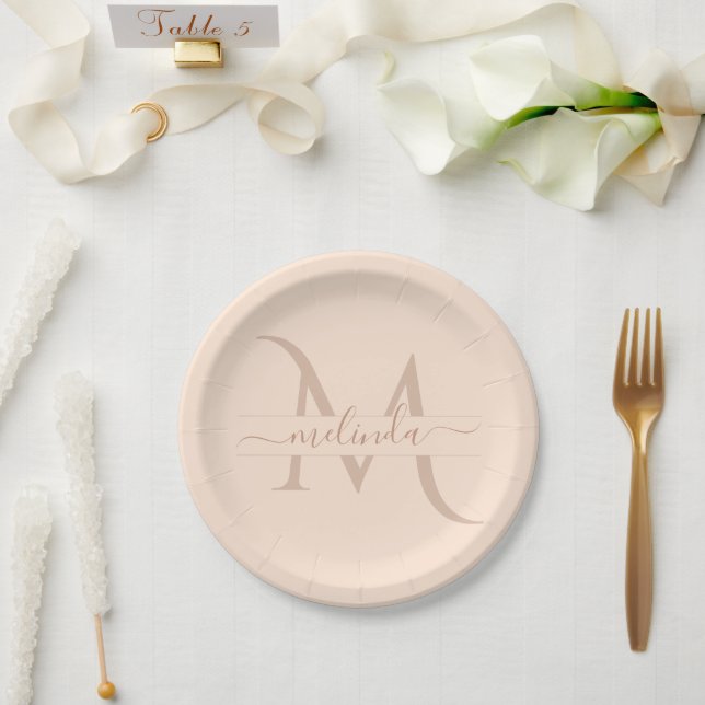 Chic Pastel Blush Pink Monogram Custom Name Girly Paper Plate (Wedding)