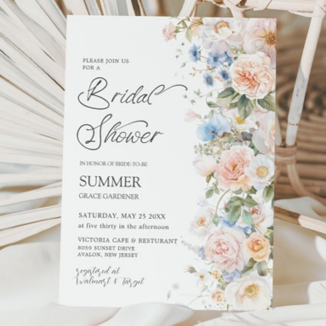 Chic Pastel Blush White Blue Floral Bridal Shower Invitation (Creator Uploaded)