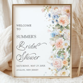Chic Pastel Blush White Blue Floral Bridal Shower Poster