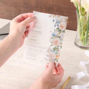 Chic Pastel Blush White Blue Roses Floral Wedding  Vellum Invitations