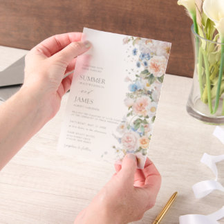 Chic Pastel Blush White Blue Roses Floral Wedding Vellum Invitations