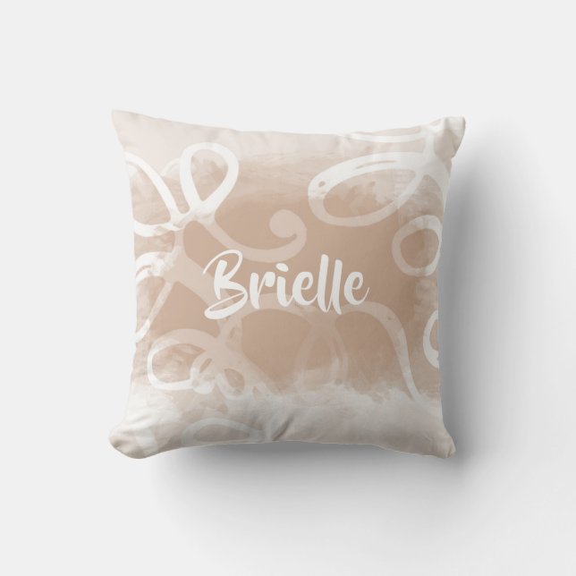 Chic Pastel Brown Watercolor Swirls With Name Cushion (Front)