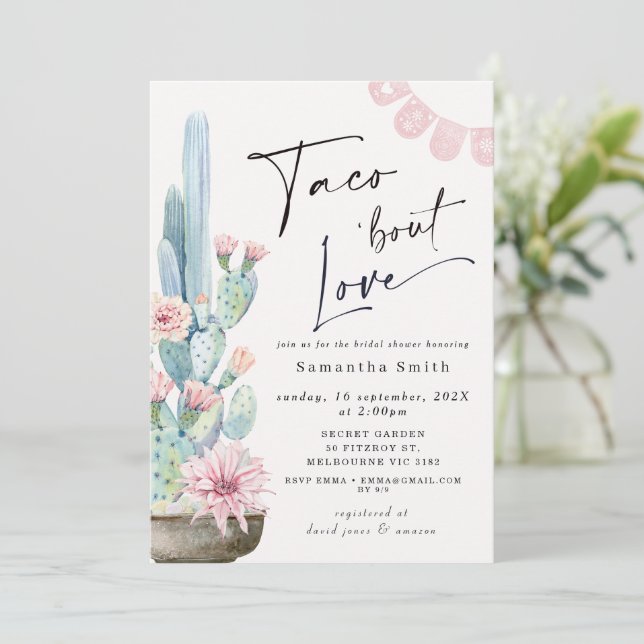 Chic Pastel Cacti Taco Bout Love Bridal Shower Invitation (Standing Front)