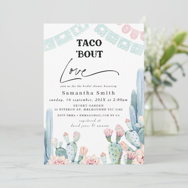 Chic Pastel Cactus Taco Bout Love Bridal Shower Invitation (Standing Front)