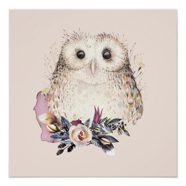 Chic Pastel Flower Owl Animal Boho Illustration Poster (Front)