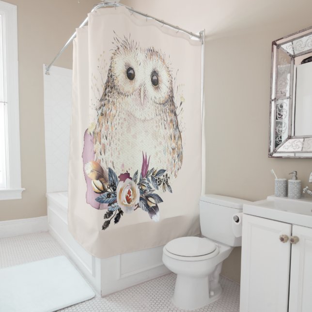 Chic Pastel Flower Owl Animal Boho Illustration Shower Curtain (In Situ)