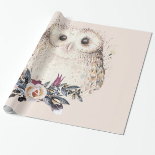 Chic Pastel Flower Owl Animal Boho Illustration Wrapping Paper