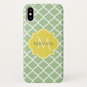 Chic Pastel Green Quatrefoil Yellow Name Monogram iPhone X Case
