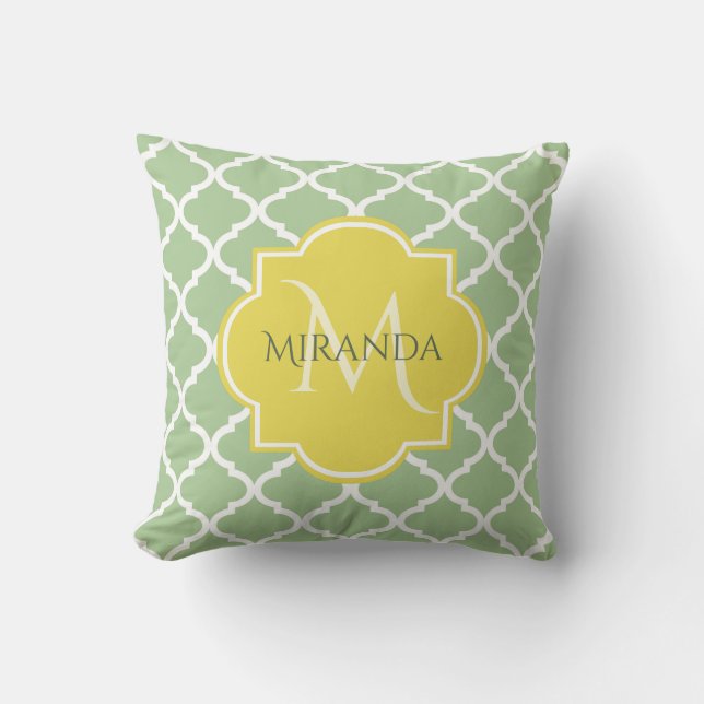 Chic Pastel Green Quatrefoil Yellow Name Monogram Cushion (Front)