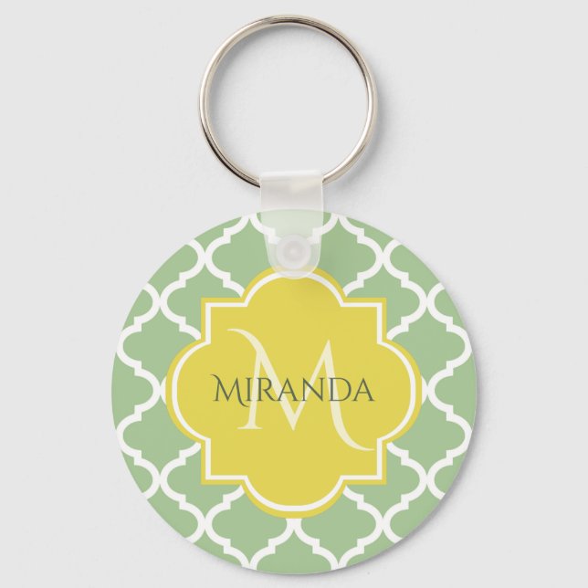 Chic Pastel Green Quatrefoil Yellow Name Monogram Key Ring (Front)