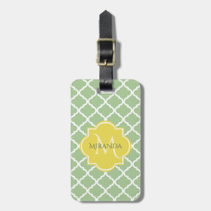 Chic Pastel Green Quatrefoil Yellow Name Monogram Luggage Tag