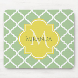 Chic Pastel Green Quatrefoil Yellow Name Monogram Mouse Mat