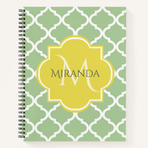 Chic Pastel Green Quatrefoil Yellow Name Monogram Notebook