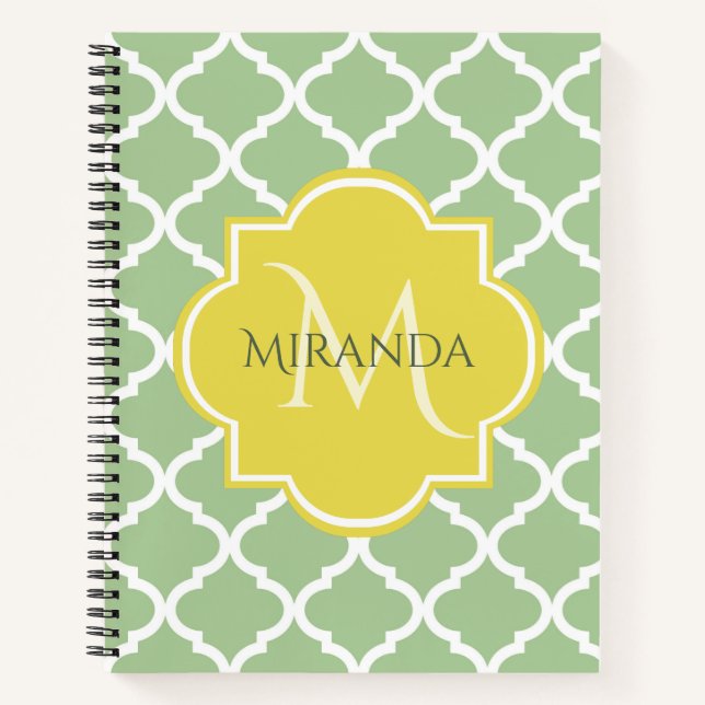 Chic Pastel Green Quatrefoil Yellow Name Monogram Notebook (Front)