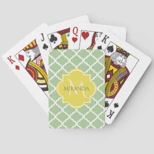 Chic Pastel Green Quatrefoil Yellow Name Monogram Playing Cards