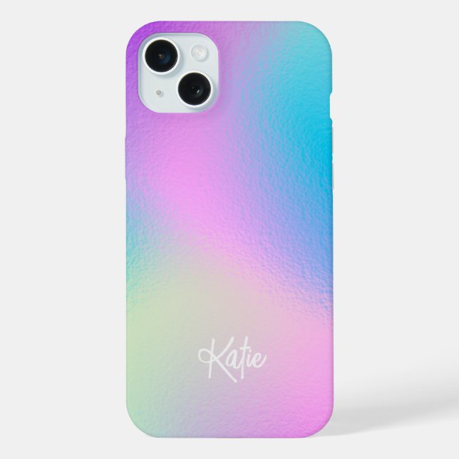 Chic Pastel Holographic with Name iPhone Case (Back)