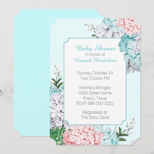 Chic Pastel Hydrangeas Blue Baby Shower Invitation (Front/Back)