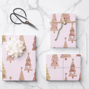 Chic Pastel Pink and Gold Christmas Tree Wrapping Paper Sheet
