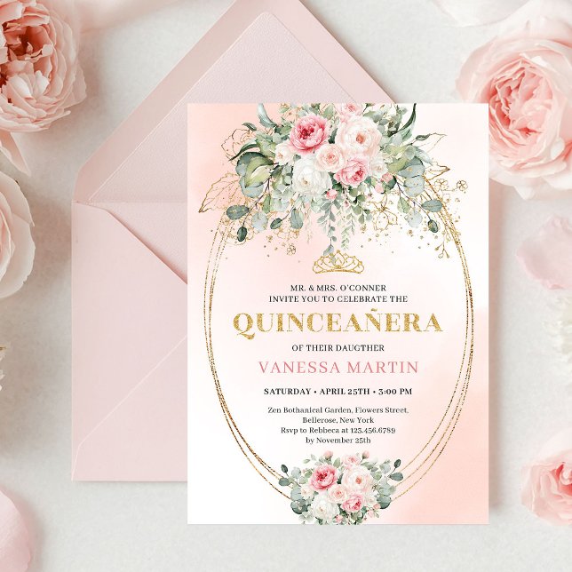 Chic Pastel Pink Boho Floral Quinceañera Invites (Chic Pastel Pink Boho Floral Quinceañera Invitation)