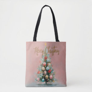 Chic Pastel Pink Christmas Tree Tote Bag