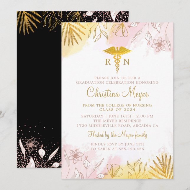 Chic Pastel Pink Gold Floral RN Nursing Graduation Invitation (Front/Back)