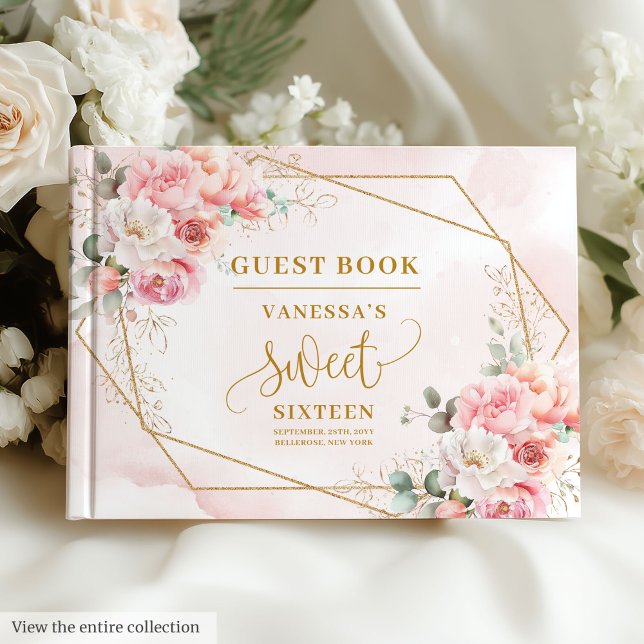 Chic Pastel Pink Gold Peonies Sweet 16 Guest Book  (Chic Pastel Pink Gold Peonies Sweet 16 Guest Book)