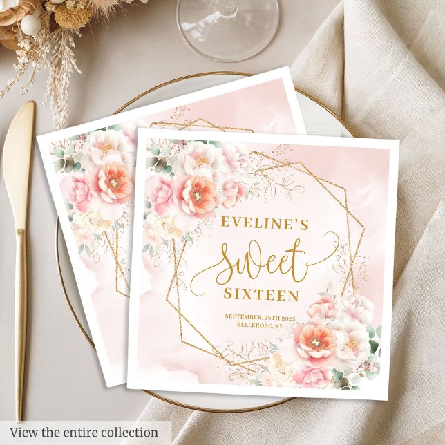 Chic Pastel Pink Gold Peonies Sweet Sixteen Napkin (Chic Pastel Pink Gold Peonies Sweet Sixteen Napkins)