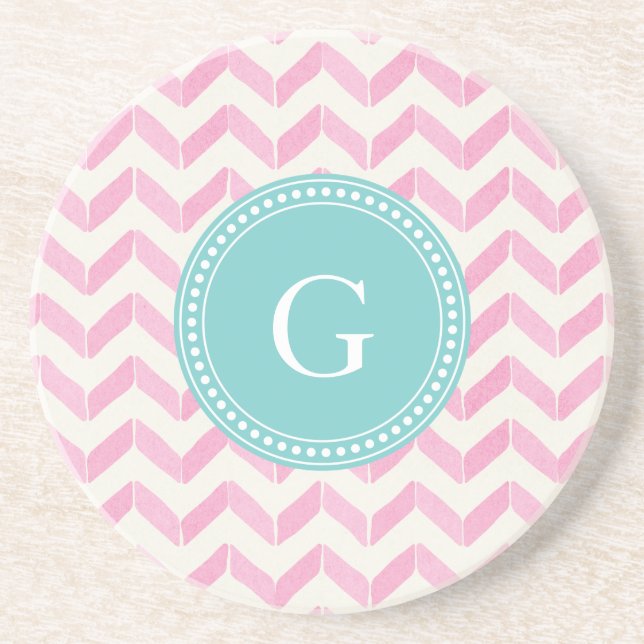 Chic Pastel Pink & Mint Chevron Custom Monogram Coaster (Front)