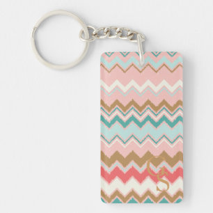Chic Pastel Pink Mint Chevron Custom Monogram Key Ring