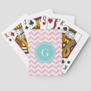 Chic Pastel Pink & Mint Chevron Custom Monogram Playing Cards