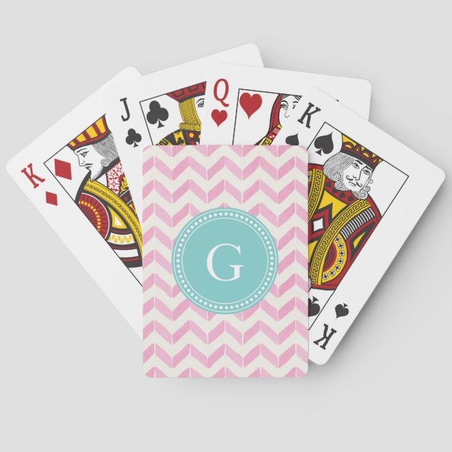Chic Pastel Pink & Mint Chevron Custom Monogram Playing Cards (Back)