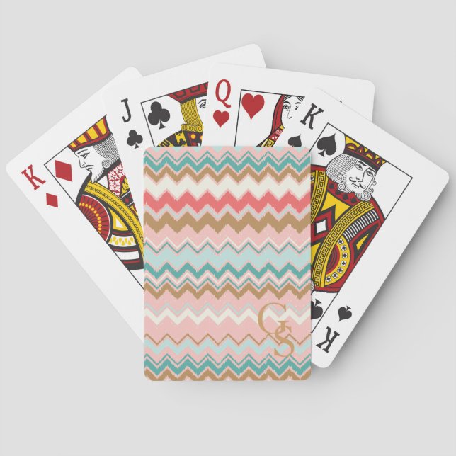 Chic Pastel Pink Mint Chevron Custom Monogram Playing Cards (Back)