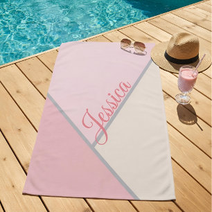 Chic Pastel Pink Modern Geometric Custom Name Beach Towel