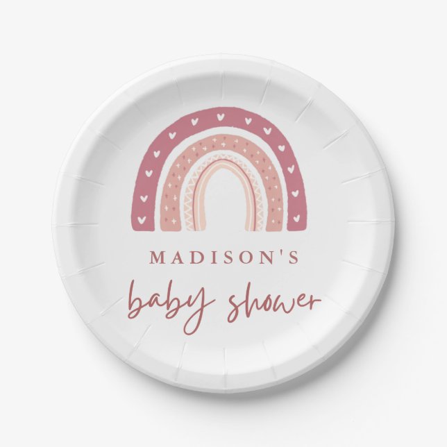 Chic Pastel Pink Rainbow Calligraphy Baby Shower  Paper Plate (Front)