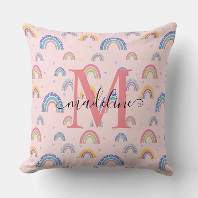 Chic Pastel Pink Rainbow Heart Monogram Cushion (Front)