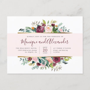 Chic Pastel Pink Stripe Watercolor Flowers Wedding Invitation Postcard