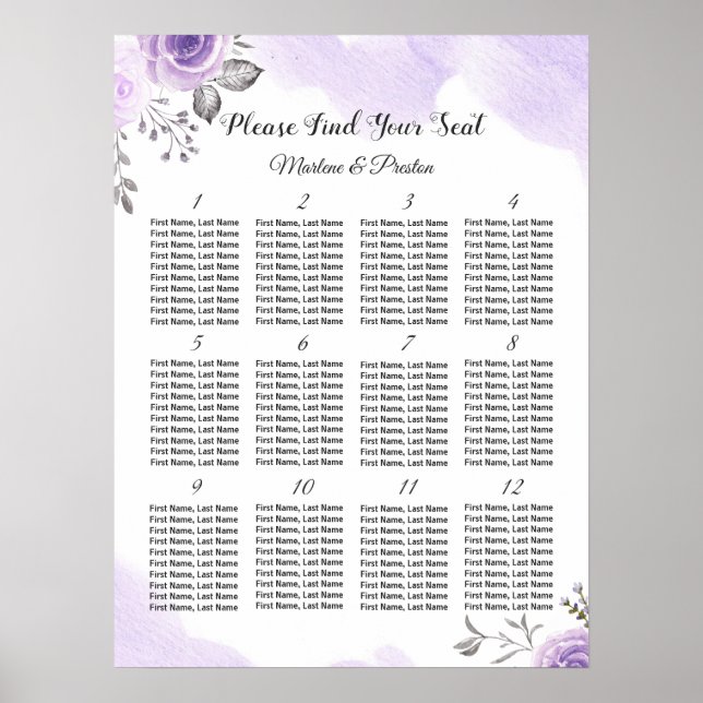 Chic Pastel Purple 12 Tables Wedding Seating Chart (Front)