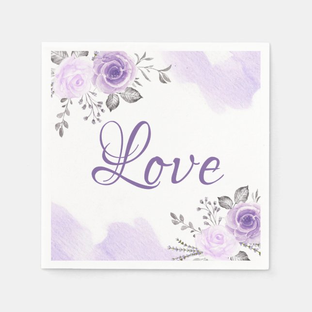 Chic Pastel Purple Floral Love Script Wedding Napkin (Front)