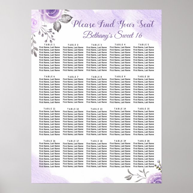 Chic Pastel Purple Floral Sweet 16 Seating Chart (Front)