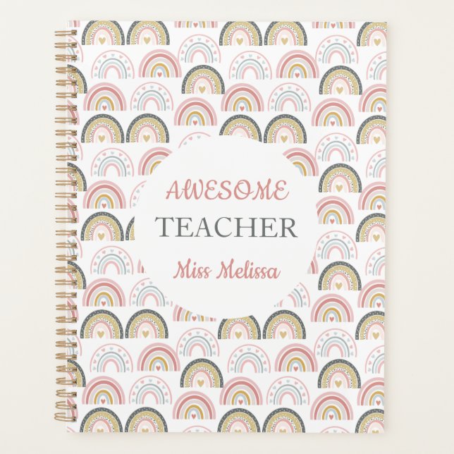 Chic Pastel Rainbow With Heart Awesome Teacher  Planner (Front)